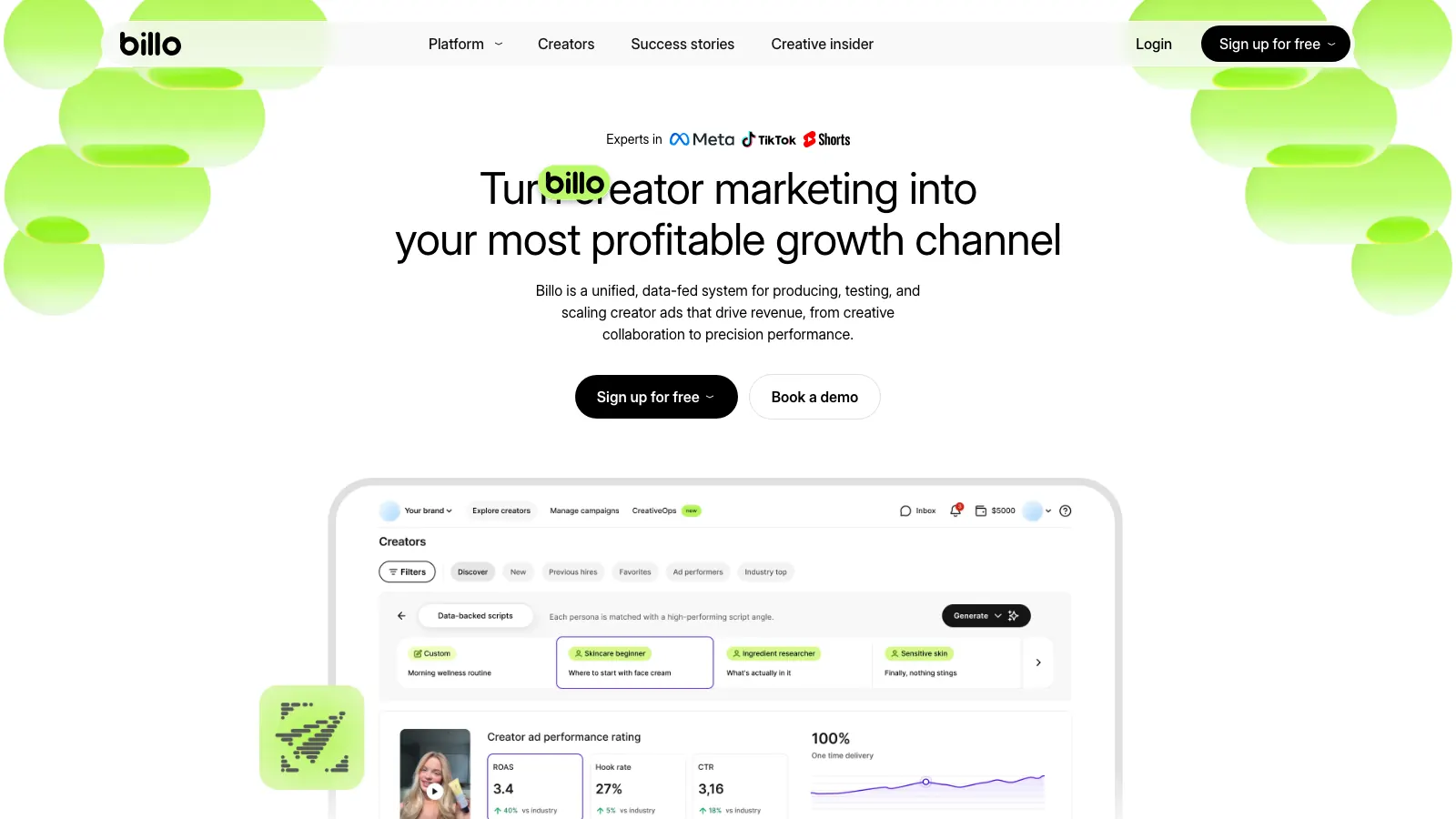 Billo homepage: Turn creator marketing into your most profitable growth channel, with its creator platform dashboard