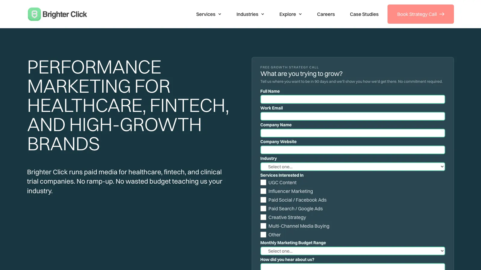 Brighter Click homepage: Performance marketing for healthcare, fintech and high-growth brands