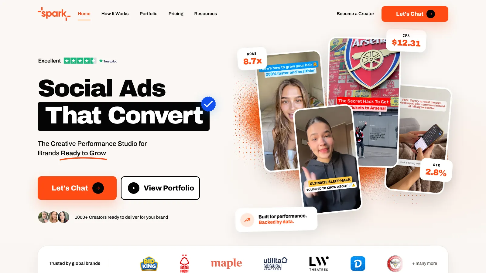 Spark UGC homepage: Social Ads That Convert, the creative performance studio for brands ready to grow