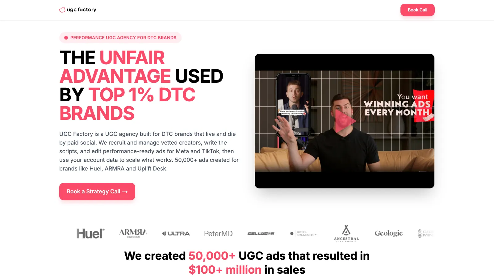 UGC Factory homepage: The unfair advantage used by top 1% DTC brands