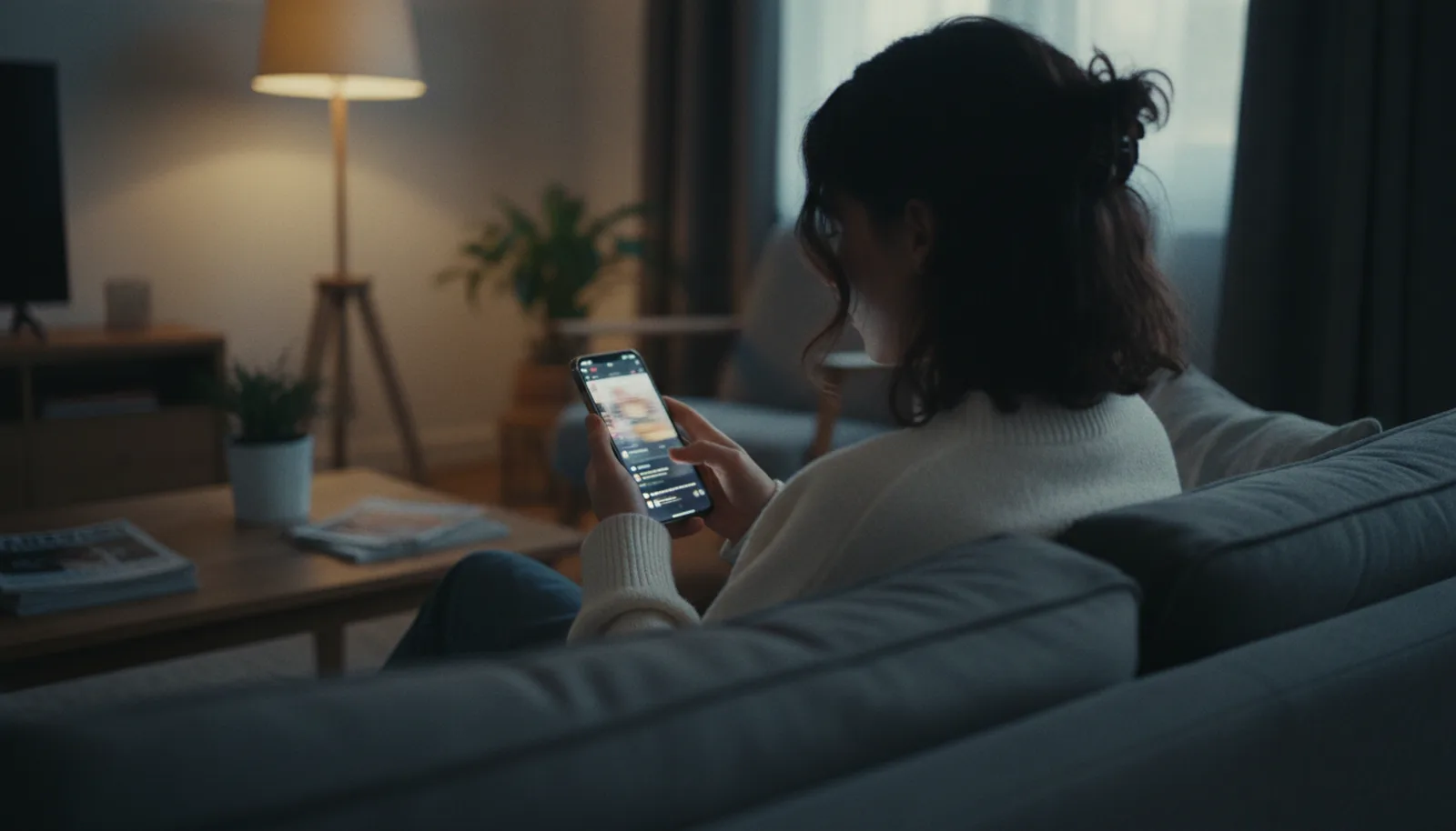 Illustration of a woman on a sofa in the evening scrolling a blurred social feed on her phone