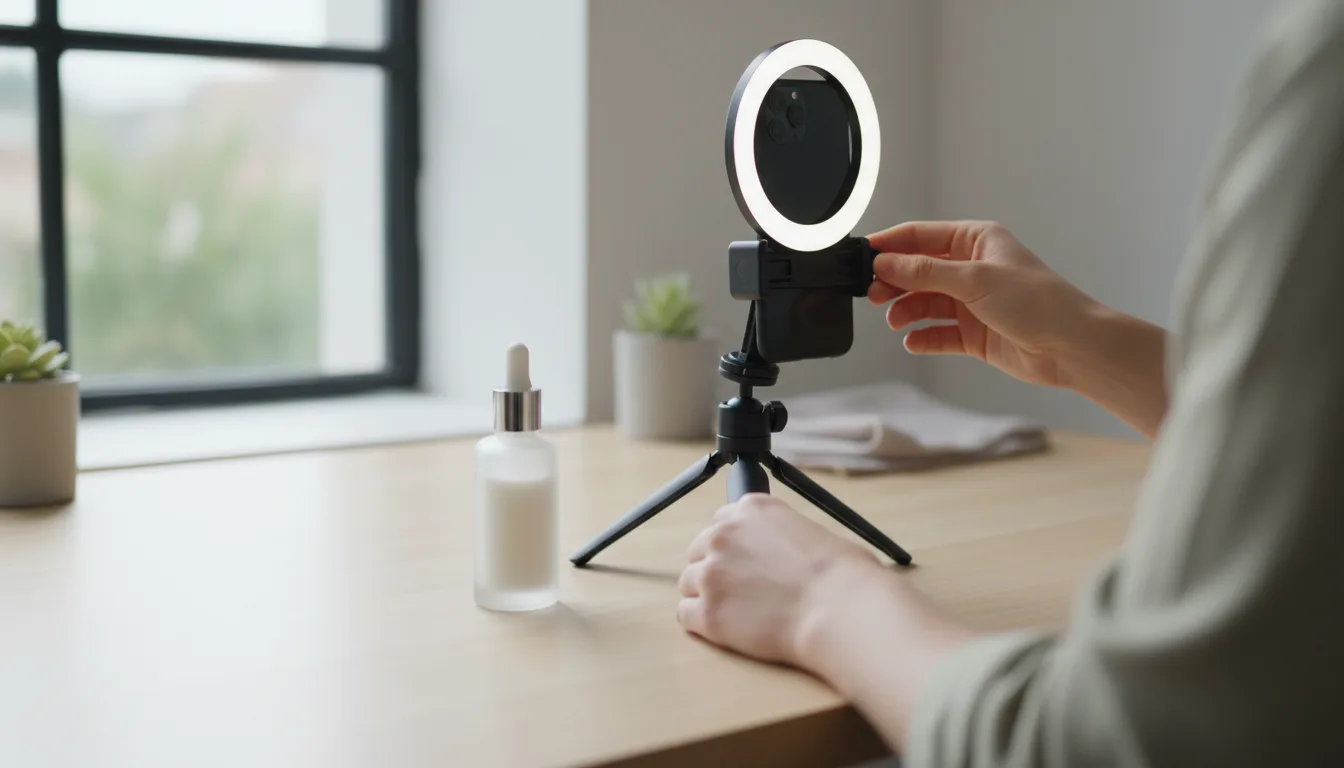 A creator setting up a smartphone on a desktop tripod with a ring light to film a vertical UGC product video