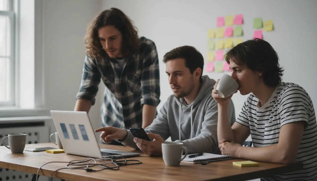 Three marketers around a laptop reviewing vertical video ad results during a weekly creative sprint review